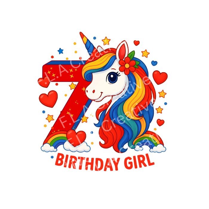 7th Birthday Girl Unicorn PNG – Sublimation Design – Rainbow Birthday Shirt PNG – Digital Download – Unicorn Birthday Clipart