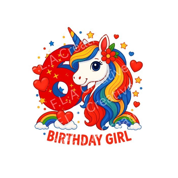 6th Birthday Girl Unicorn PNG – Sublimation Design – Rainbow Birthday Shirt PNG – Digital Download – Unicorn Birthday Clipart