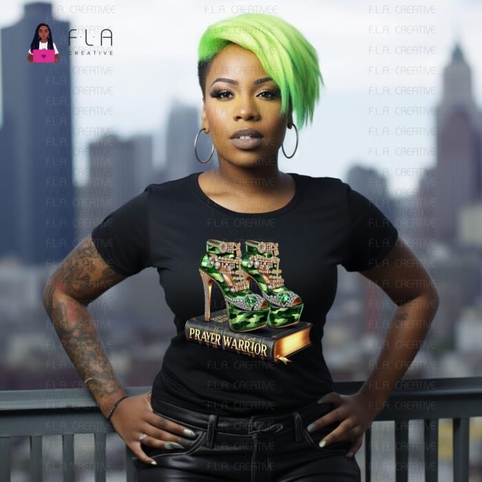 Prayer Warrior PNG, Christian Fashion Clipart, Camo Heels PNG, Faith Girl Art, Sublimation Shirt Design