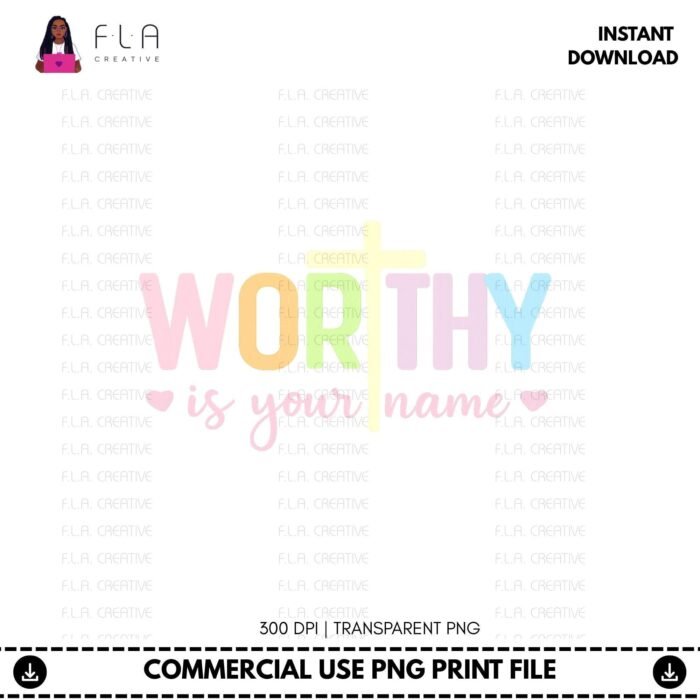 Alternative view of Worthy Is Your Name Pastel PNG | Christian Rainbow Shirt Design | Cross Typography DTF Sublimation File | Instant Digital Download