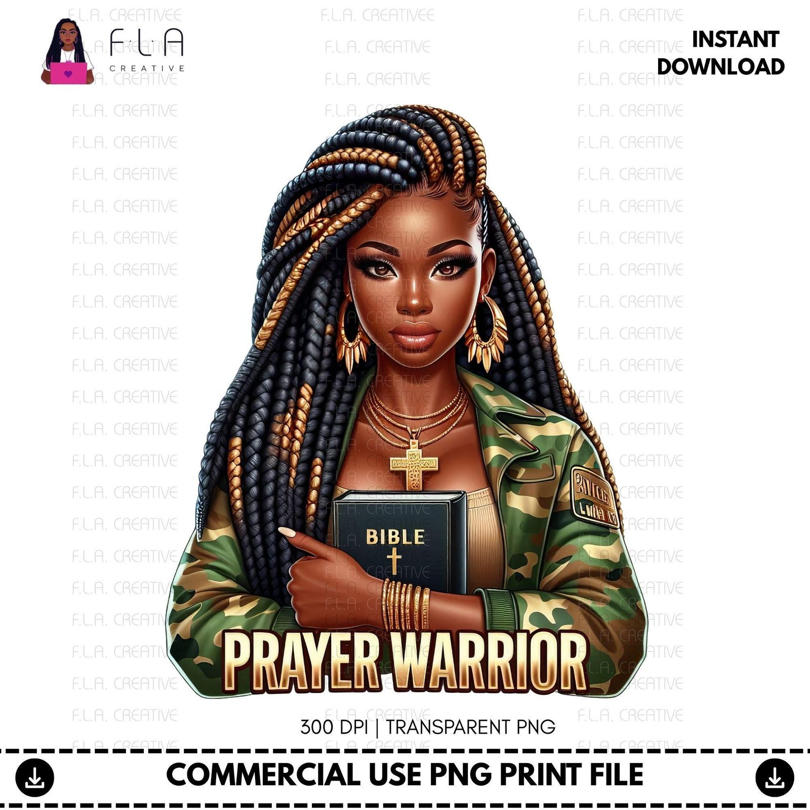 Prayer Warrior PNG, Braided Hair Christian Woman, Black Girl Faith Art, Bible PNG, Sublimation - Image 2