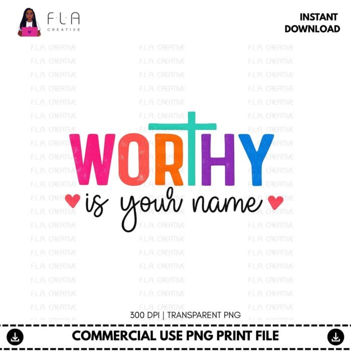 Alternative view of Worthy Is Your Name Rainbow PNG | Bright Christian Cross Design | Sublimation & DTF Shirt Art | Instant Digital Download PNG