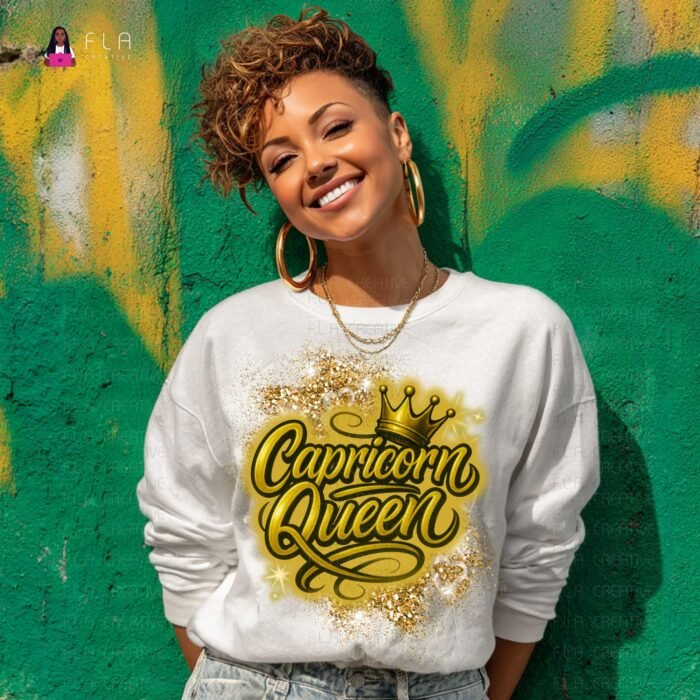 Capricorn Queen PNG, Zodiac Birthday Shirt, Gold Glitter Crown