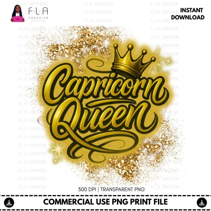 Alternative view of Capricorn Queen PNG, Zodiac Birthday Shirt, Gold Glitter Crown