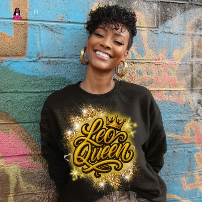 Leo Queen PNG, Zodiac Birthday Shirt, Gold Glitter Crown