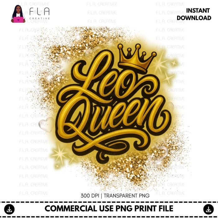 Alternative view of Leo Queen PNG, Zodiac Birthday Shirt, Gold Glitter Crown